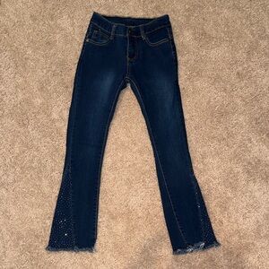 Dark Blue Girl’s Flare Jeans with Embellished & Distressed Hem